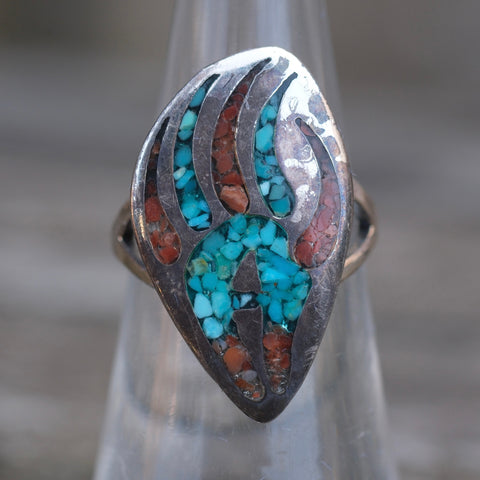Vintage Sterling Turquoise and Coral Bear Paw Ring 6.25