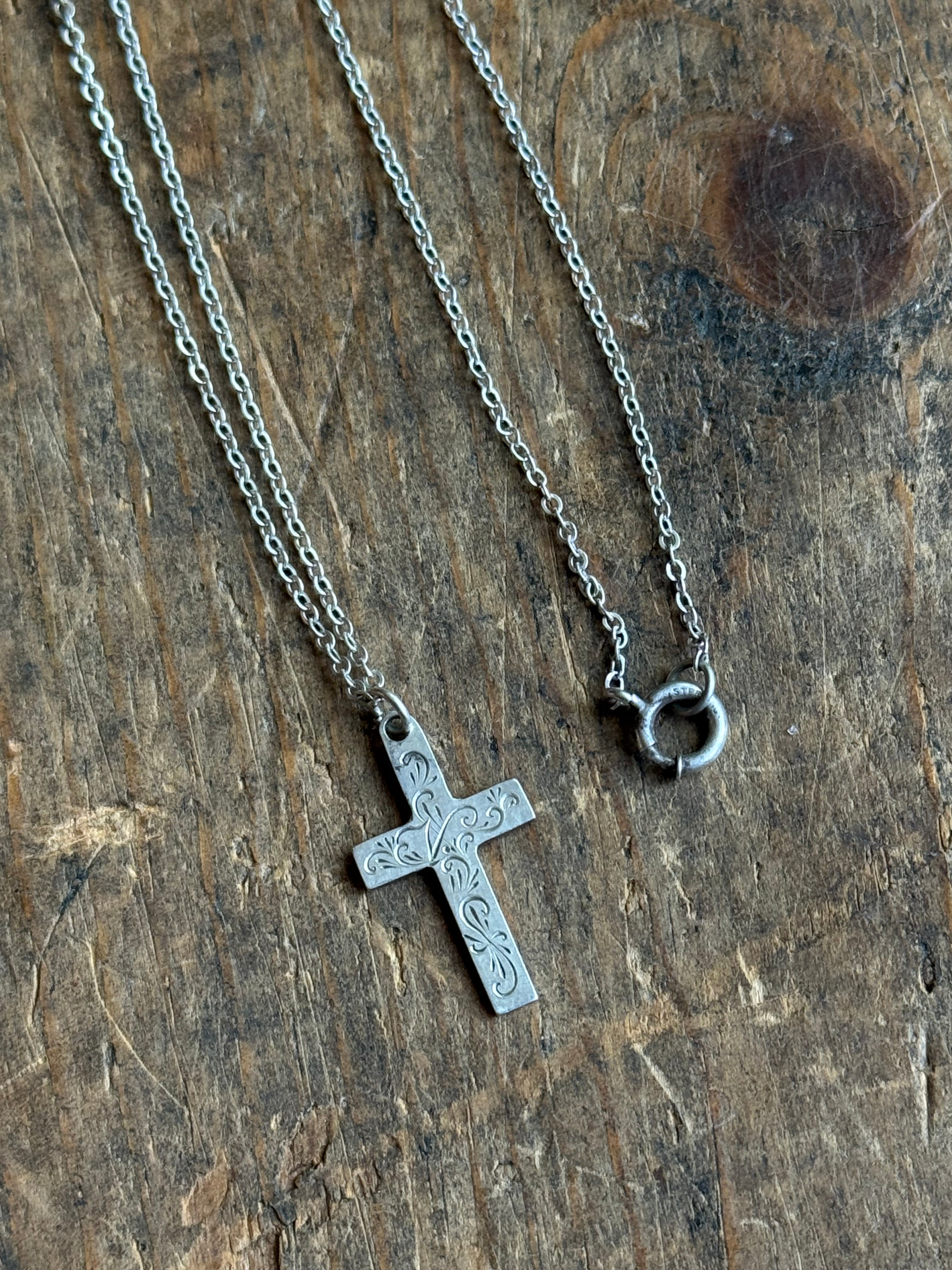 Vintage Sterling Silver Etched Cross Necklace