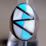 Vintage Sterling Turquoise Onyx and MOP Inlay Ring 10.75