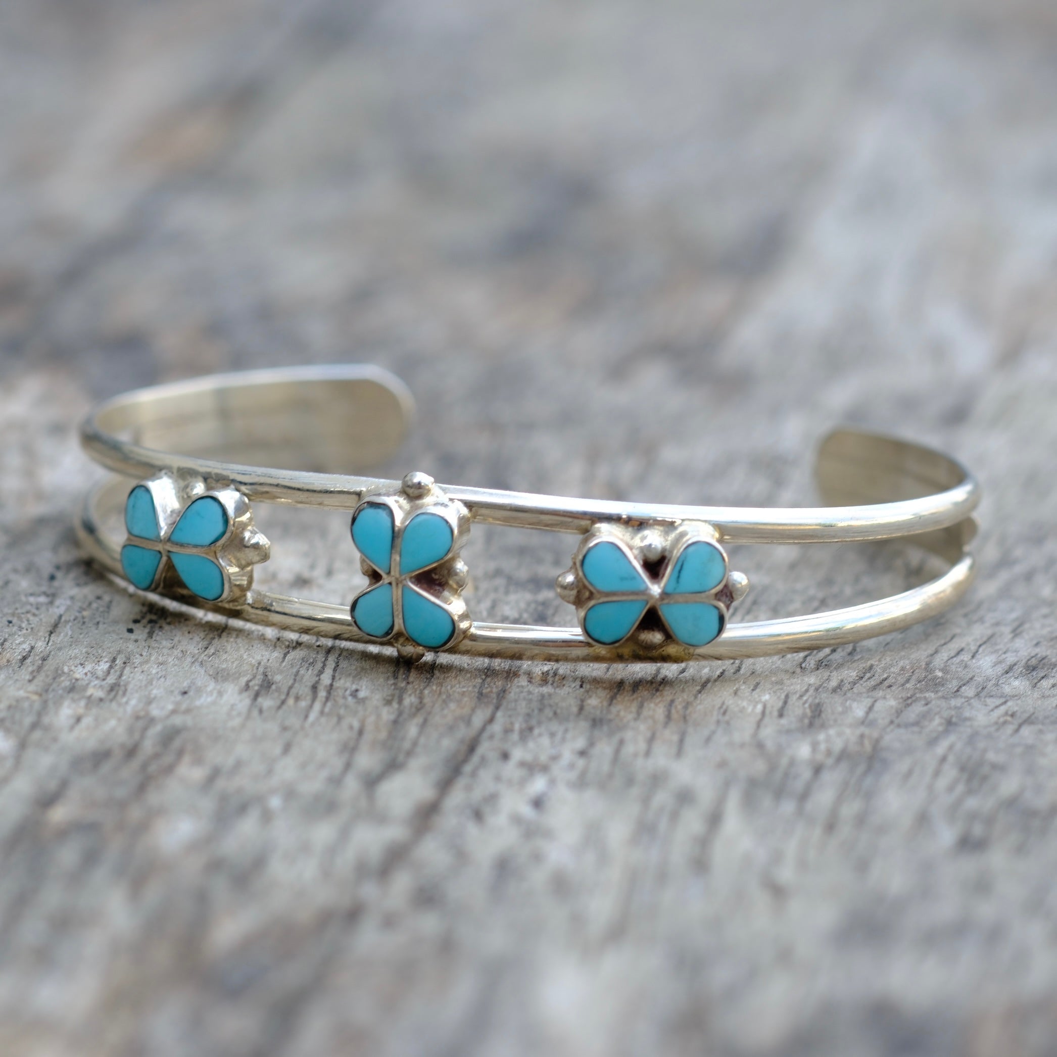 Vintage Sterling Turquoise Inlay Flower Cuff Bracelet