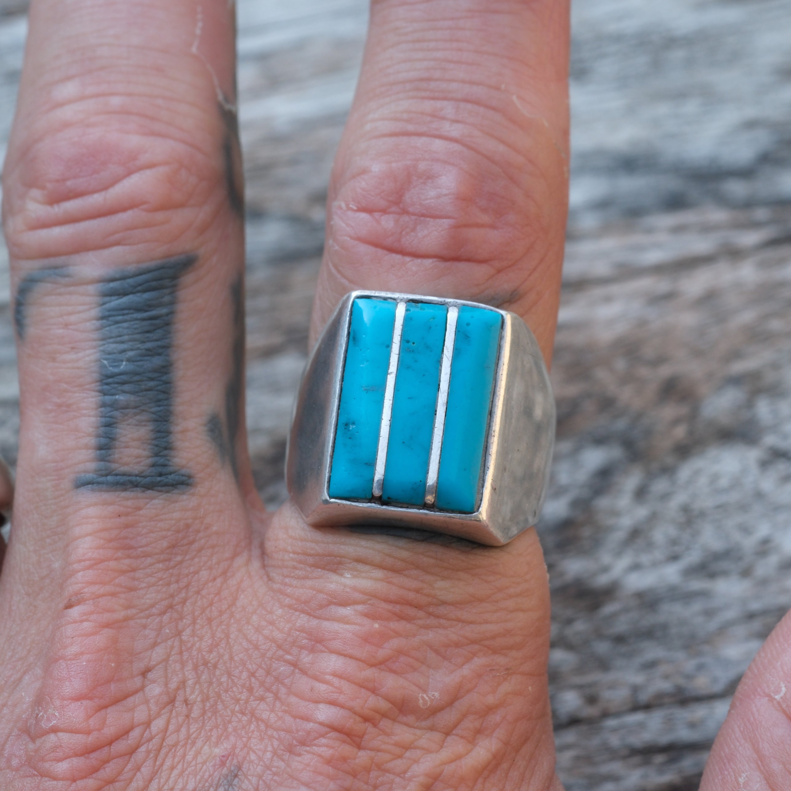 Vintage Sterling Turquoise Inlay Striper Ring 9.75