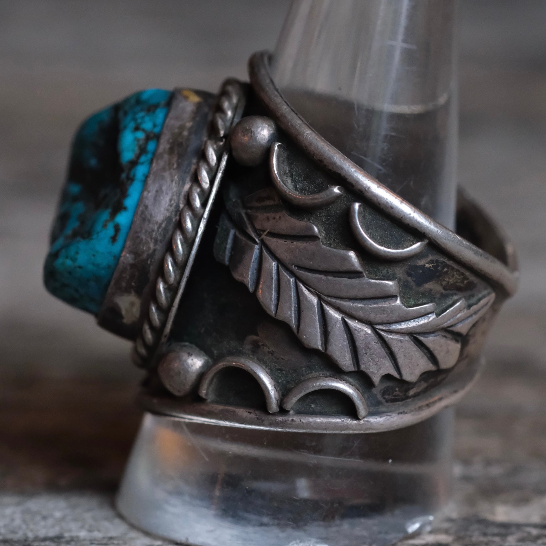 Vintage Sterling Turquoise Feather Cigar Band Ring 12