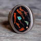 Vintage Sterling Turquoise and Coral Inlay Chip Ring 10.25