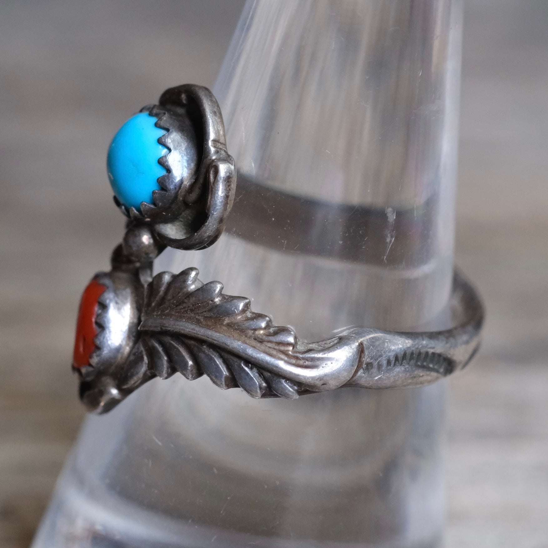 Vintage Sterling Turquoise and Coral Feather Overpass Ring 8.5