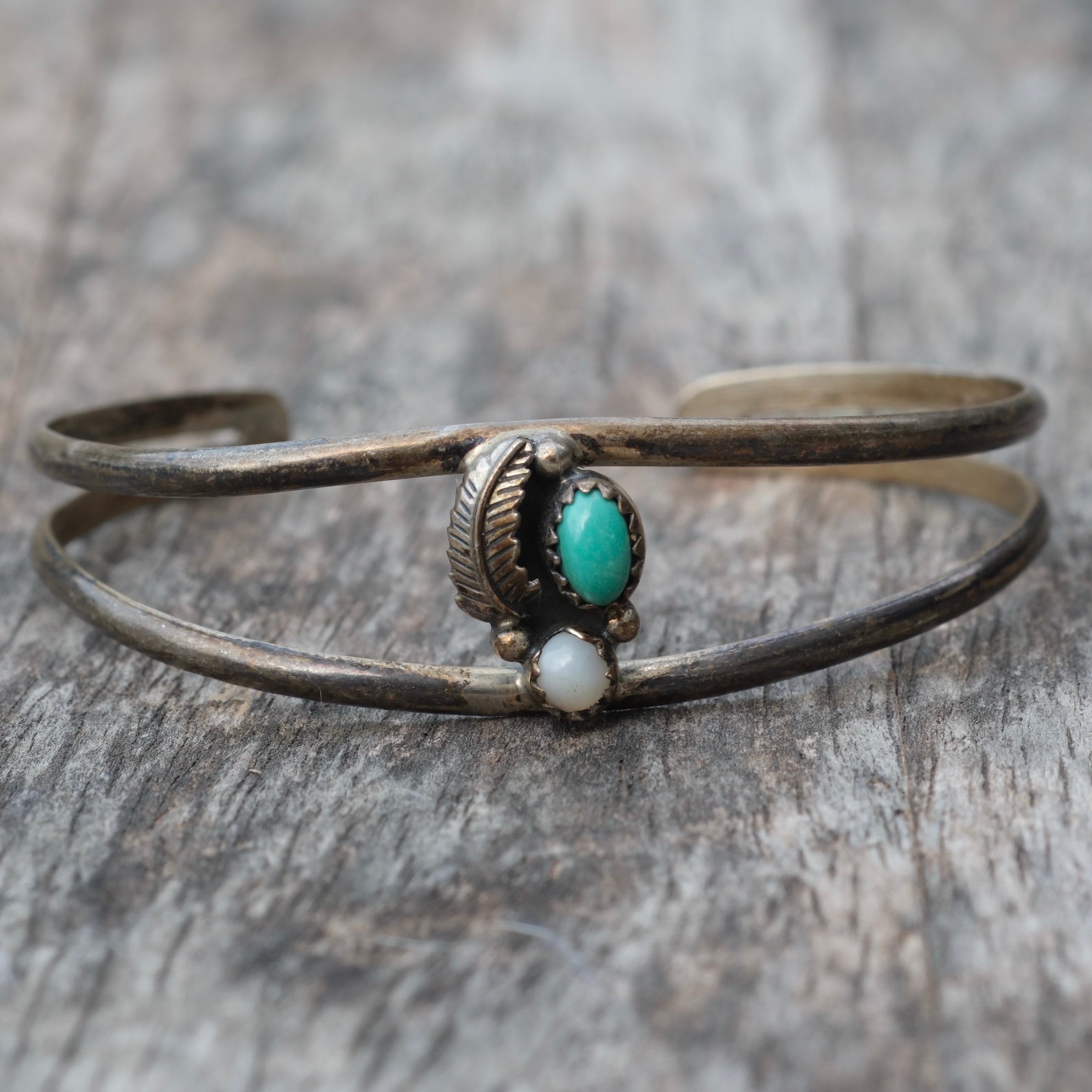 Vintage Sterling Turquoise and Mother Of Pearl Feather Cuff Bracelet