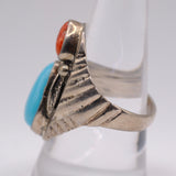 Vintage Sterling Turquoise and Coral Feather Ring 9.75