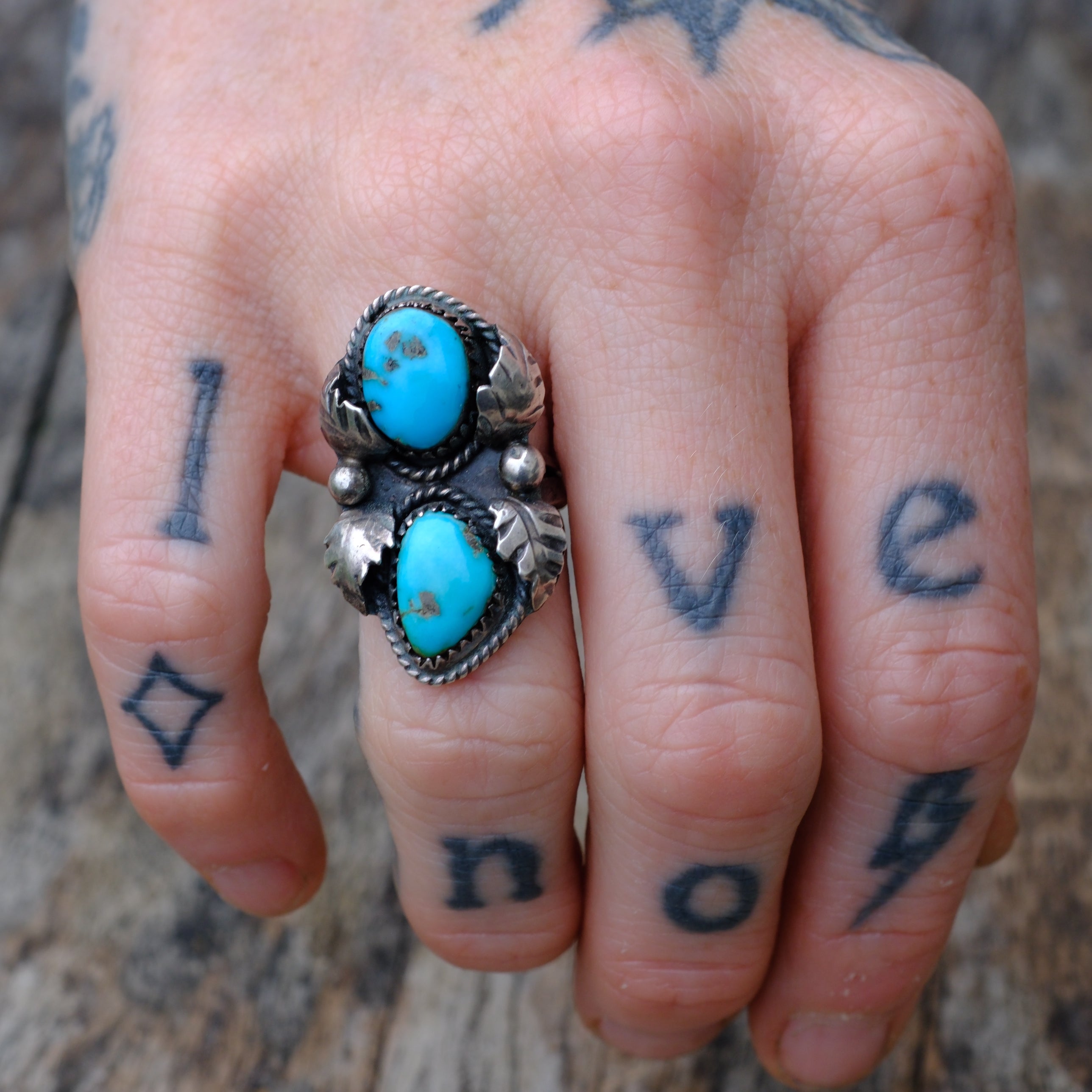 Vintage Sterling 2-Stone Turquoise Feather Ring 5.5