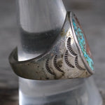 Vintage Sterling Crushed Turquoise and Coral Inlay Ring 10.25