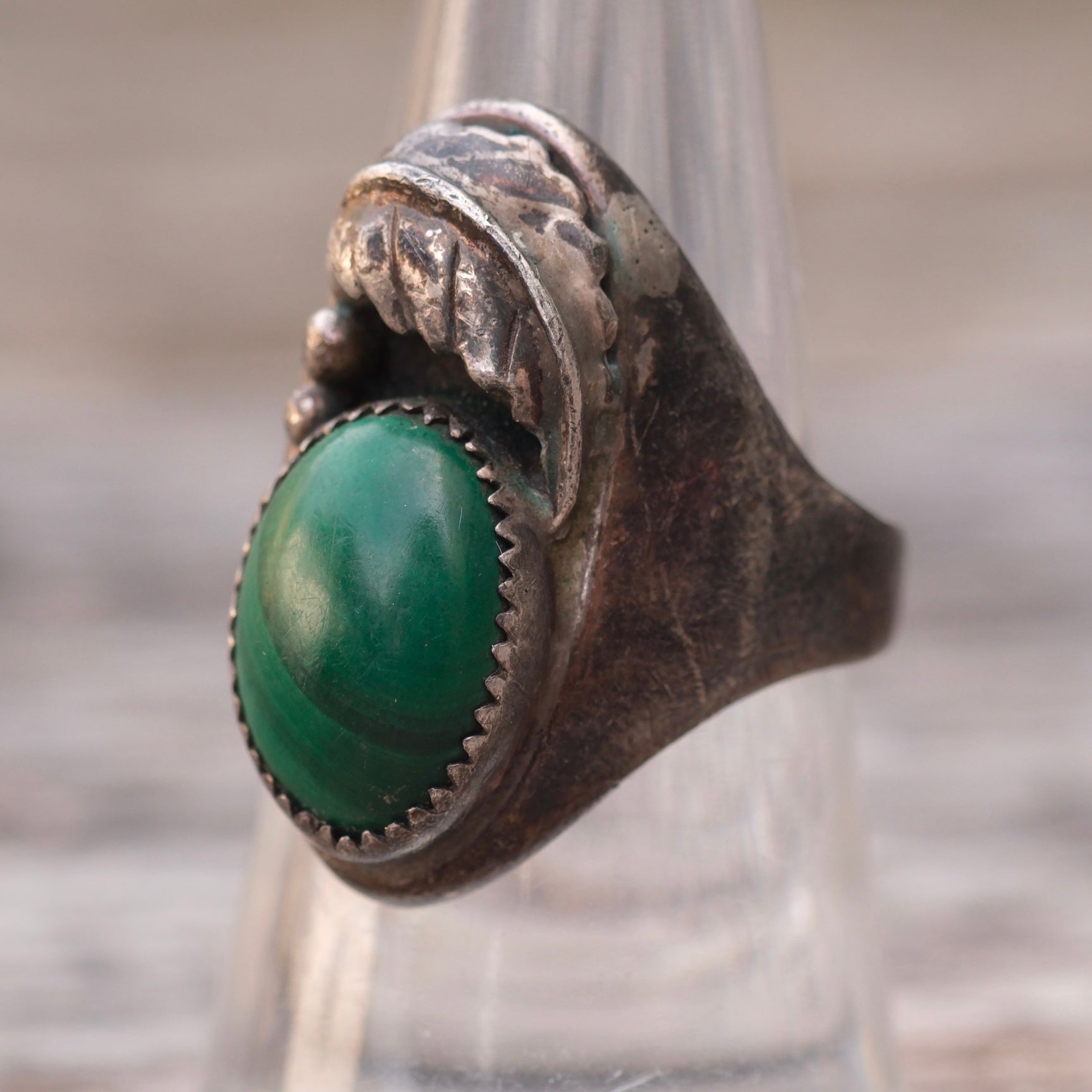 Vintage Sterling Malachite Feather Ring 7.75