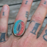 Vintage Sterling Turquoise and Coral Inlay Ring 8.75
