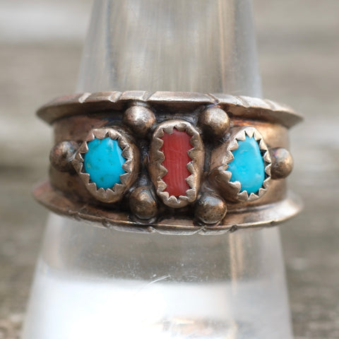 Vintage Sterling Turquoise and Coral Band 10.5