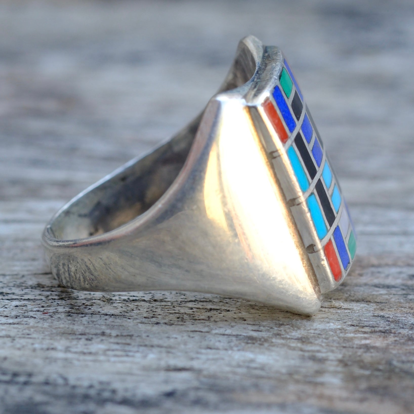 Vintage Sterling Multistone Inlay Panel Ring 8.5
