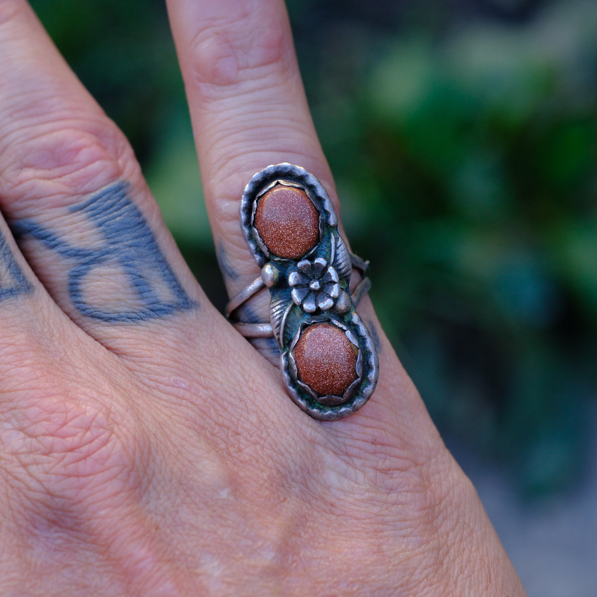 Vintage Sterling 2-Stone Goldstone Blossom Ring 7.5
