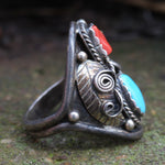 Vintage Sterling Turquoise and Coral Feather Ring 11.5