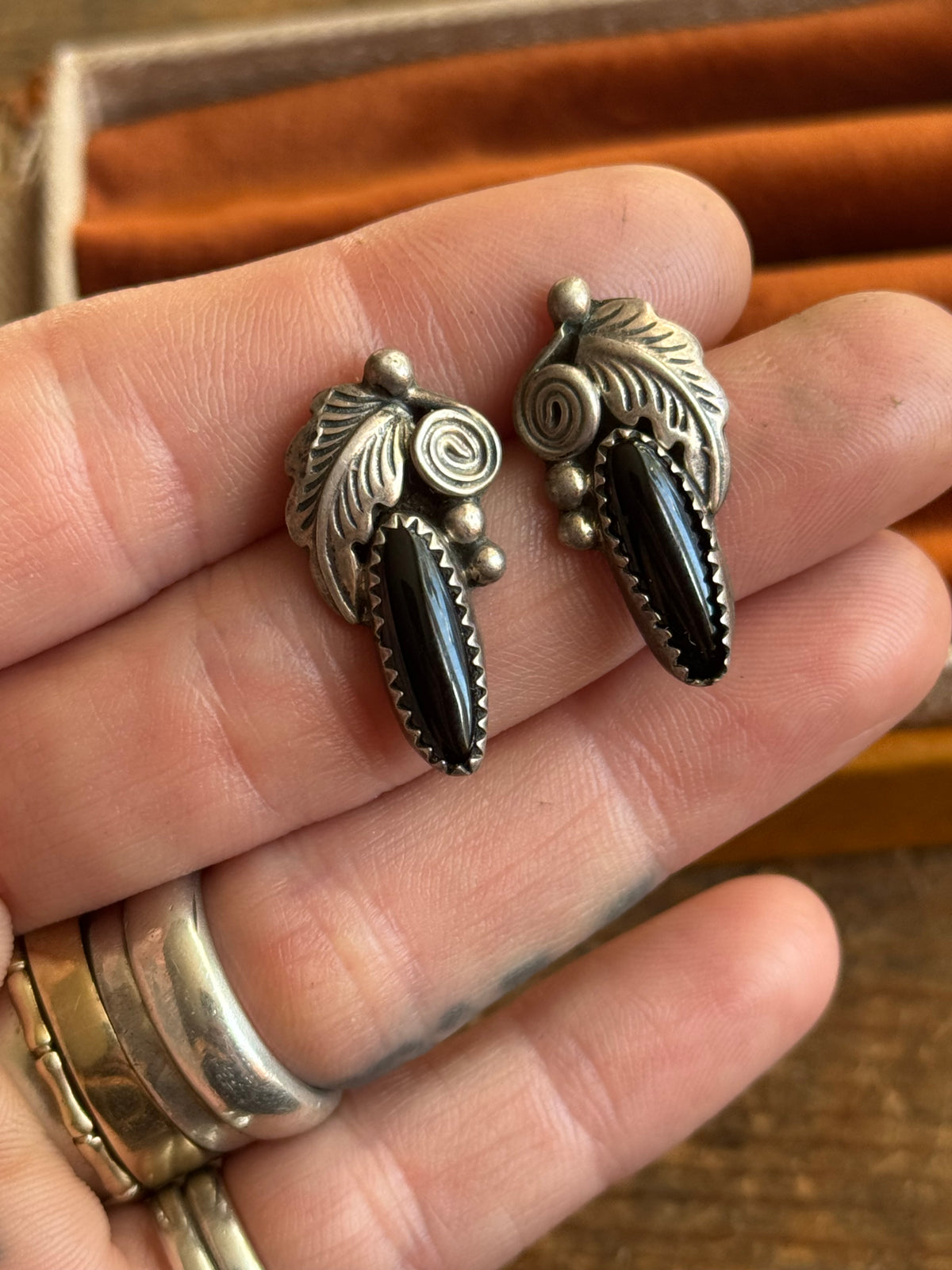 Vintage Sterling Silver Onyx Feather Earrings
