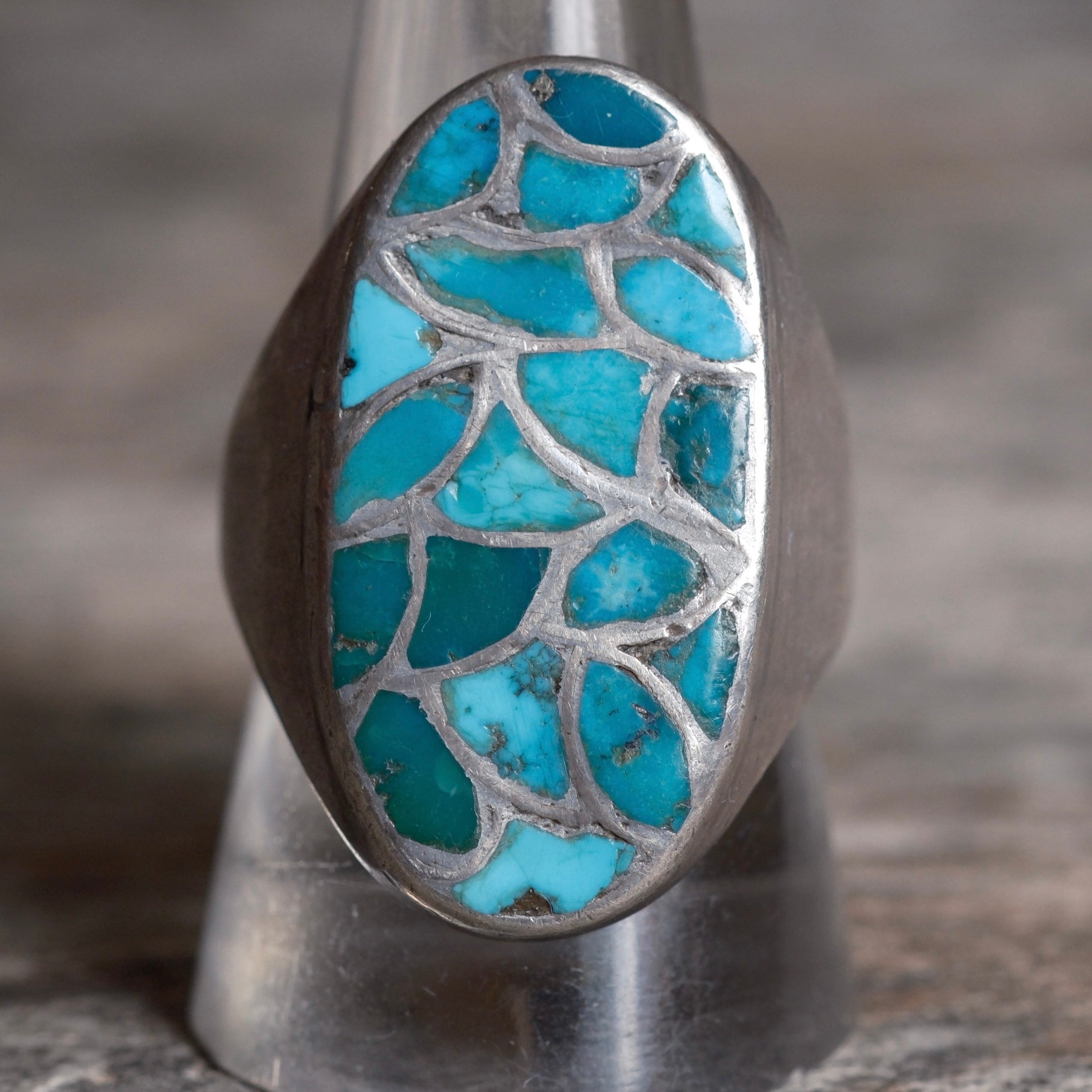 Vintage Sterling Turquoise Inlay Fish Scale Ring 10.5
