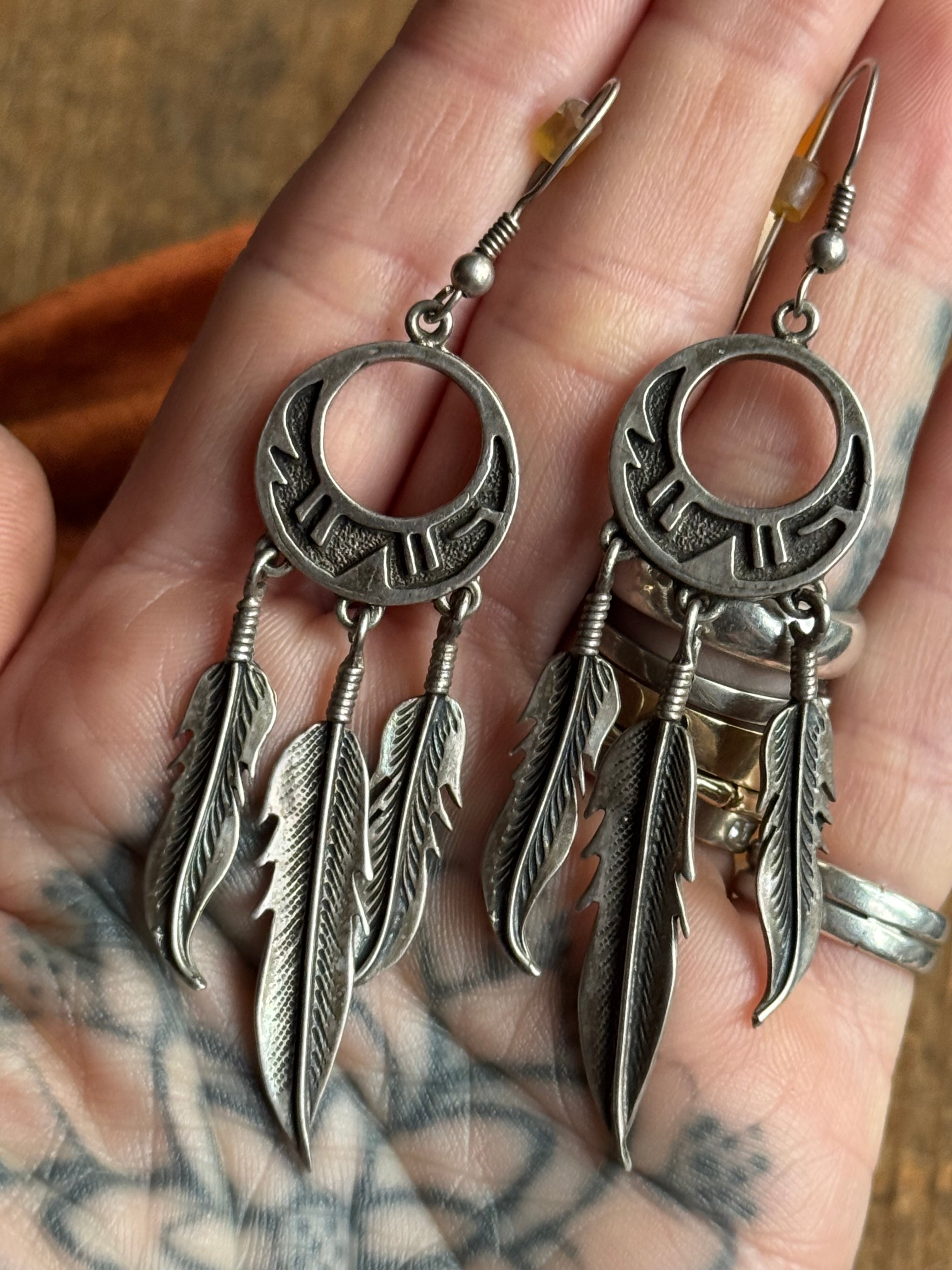 Vintage Sterling Silver Stamped Feather Earrings