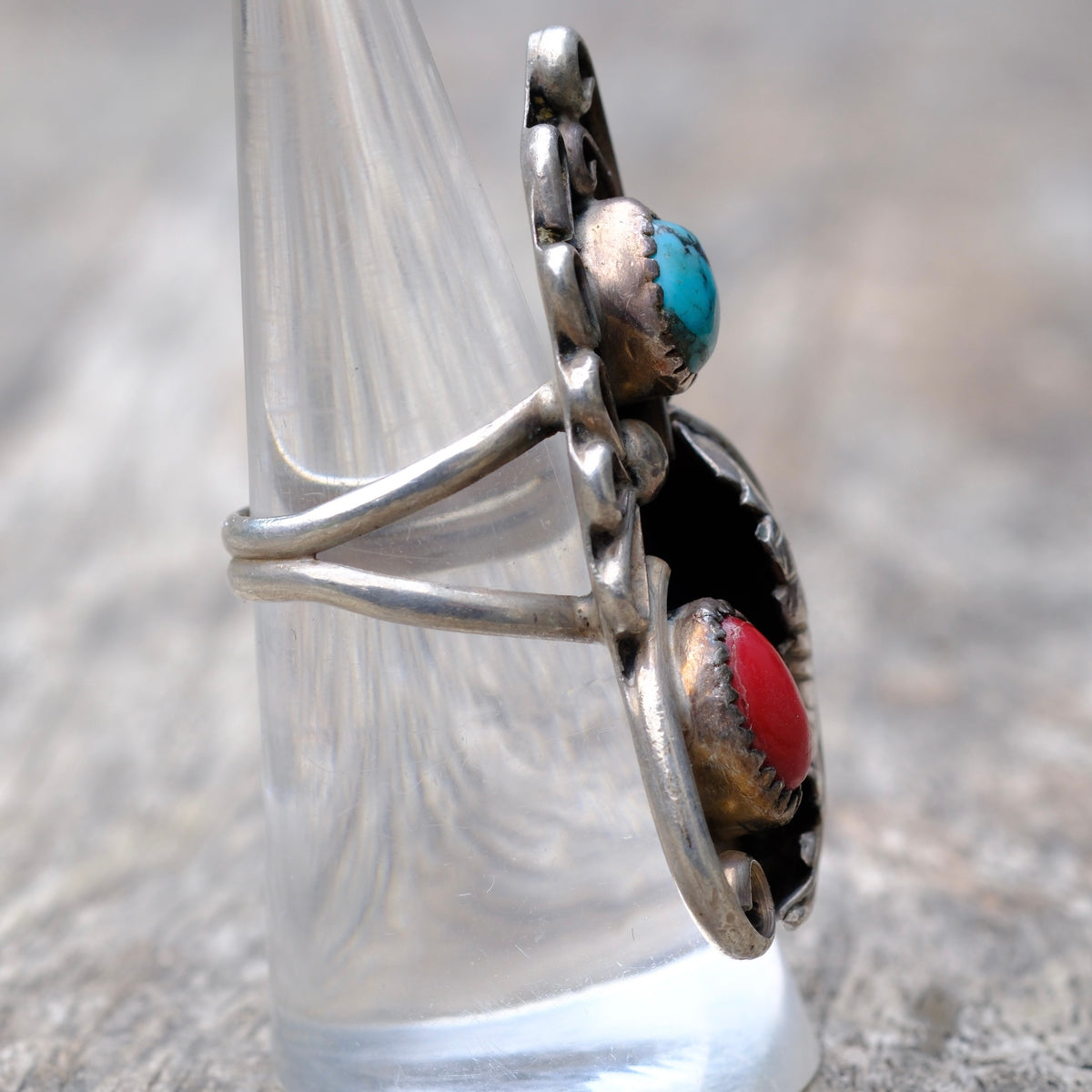 Vintage Sterling Turquoise and Coral Feather Ring 6.5