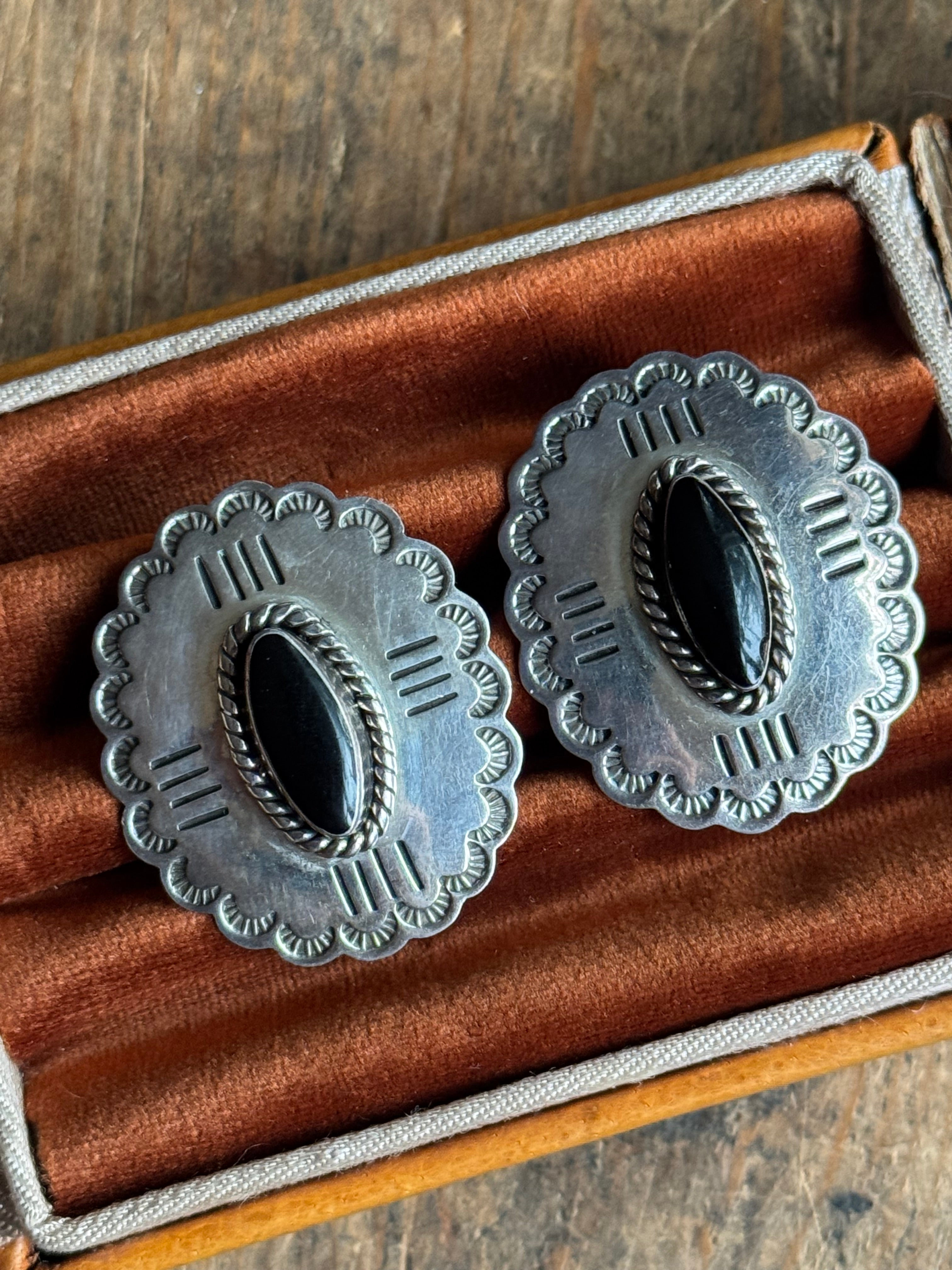 Vintage Sterling Silver Onyx Concho Earrings