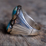 Vintage Sterling 2- Stone Turquoise Ribbed Band Ring 9