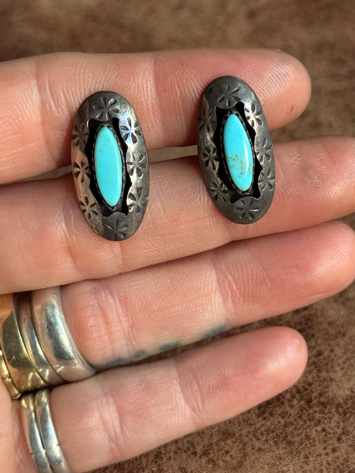 Vintage Sterling Silver Stamped Turquoise Shadowbox Cufflinks