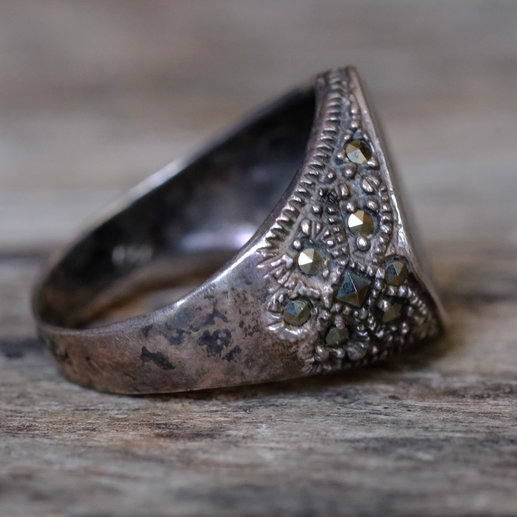 Vintage Sterling Abalone and Marcosite Signet Ring 8.75