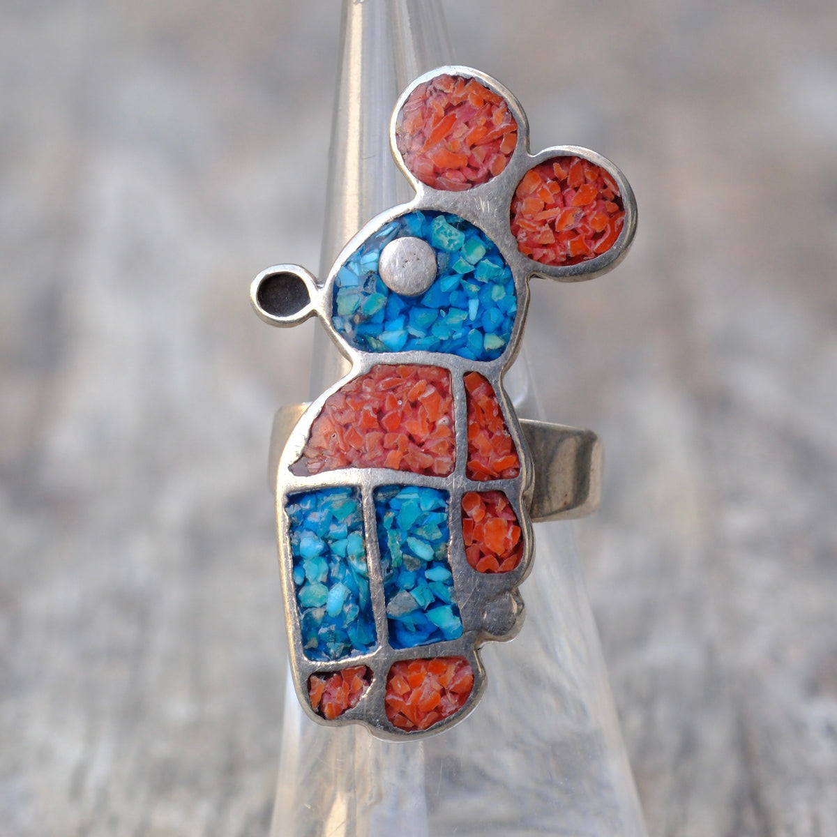 Vintage Sterling Turquoise and Coral Mickey Ring 4.75