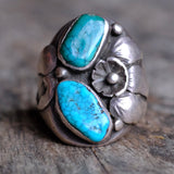 Vintage Sterling 2-Stone Turquoise Blossom Ring 9.25