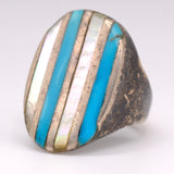 Vintage Sterling Turquoise and Mother Of Pearl Inlay Striper Ring 7.5
