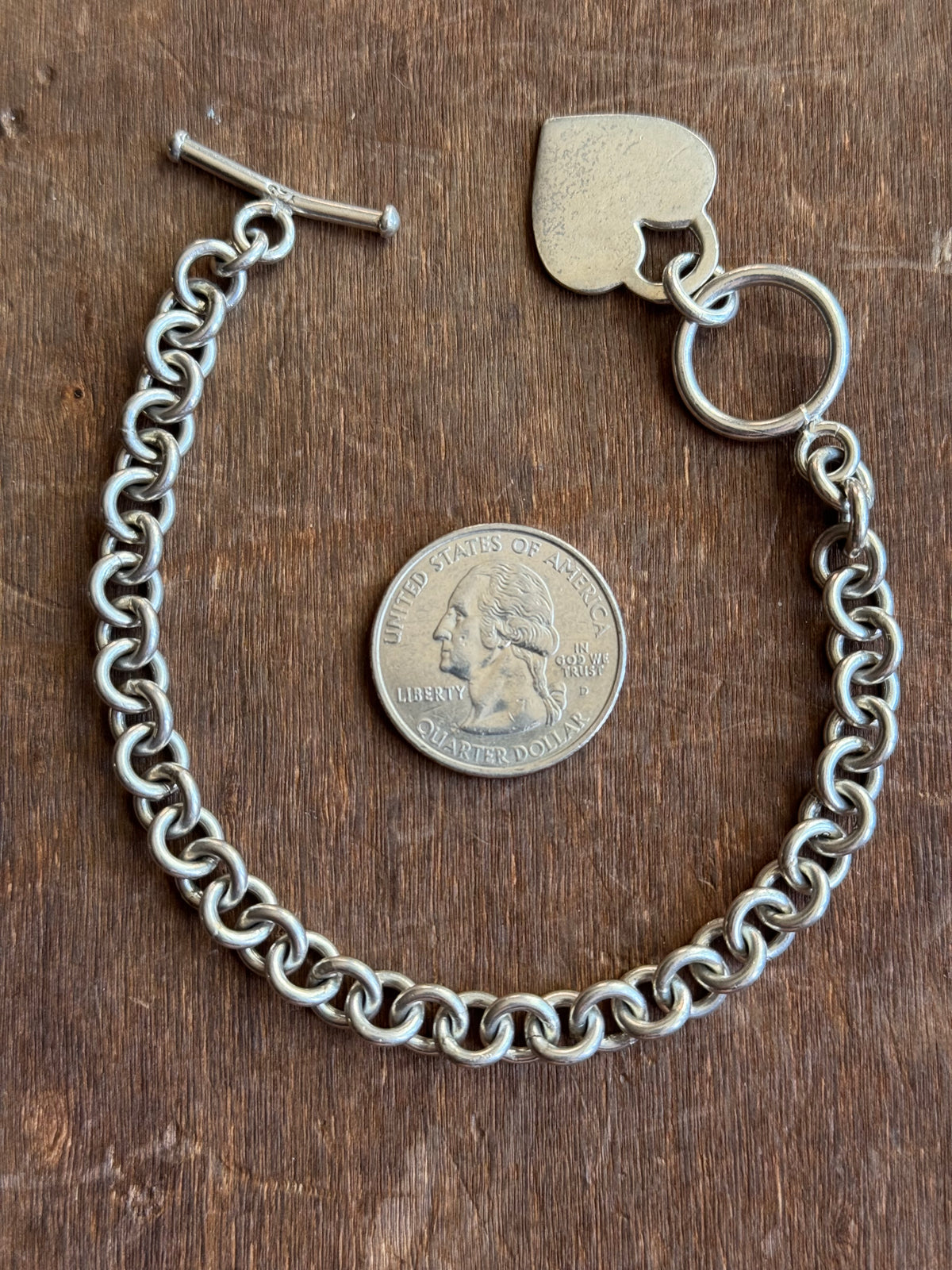 Vintage Sterling Silver 7.75” Heart Tag Cable Toggle Chain