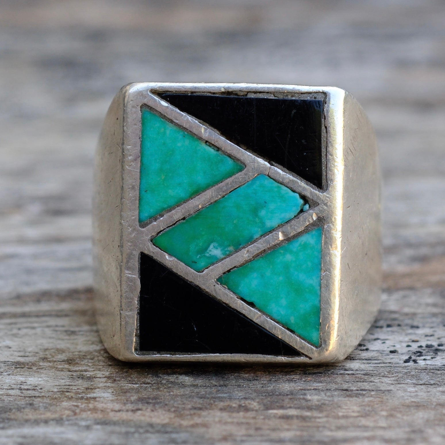 Vintage Sterling Turquoise and Onyx Inlay Ring 9.25