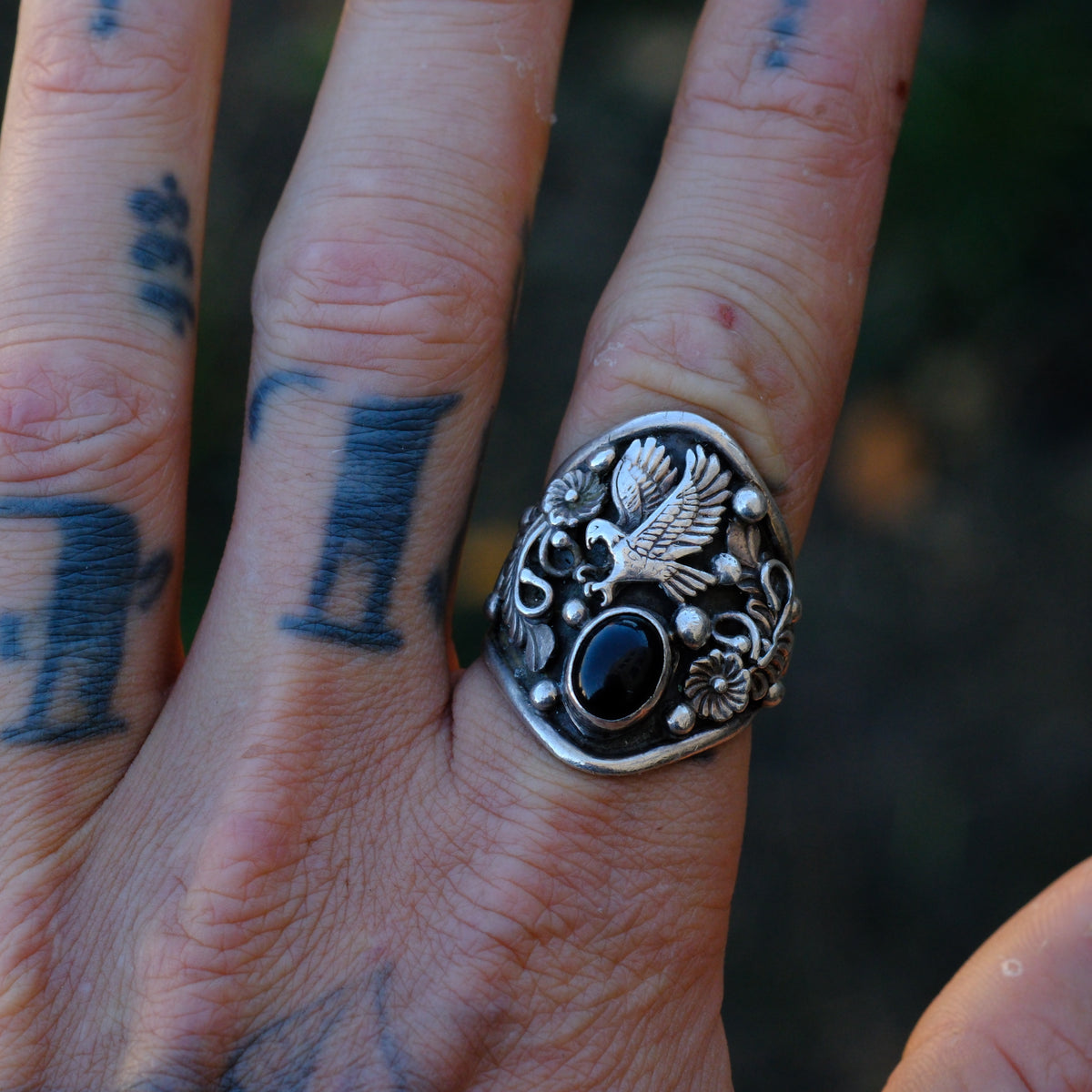 Vintage Sterling Onyx Eagle Ring 8.75