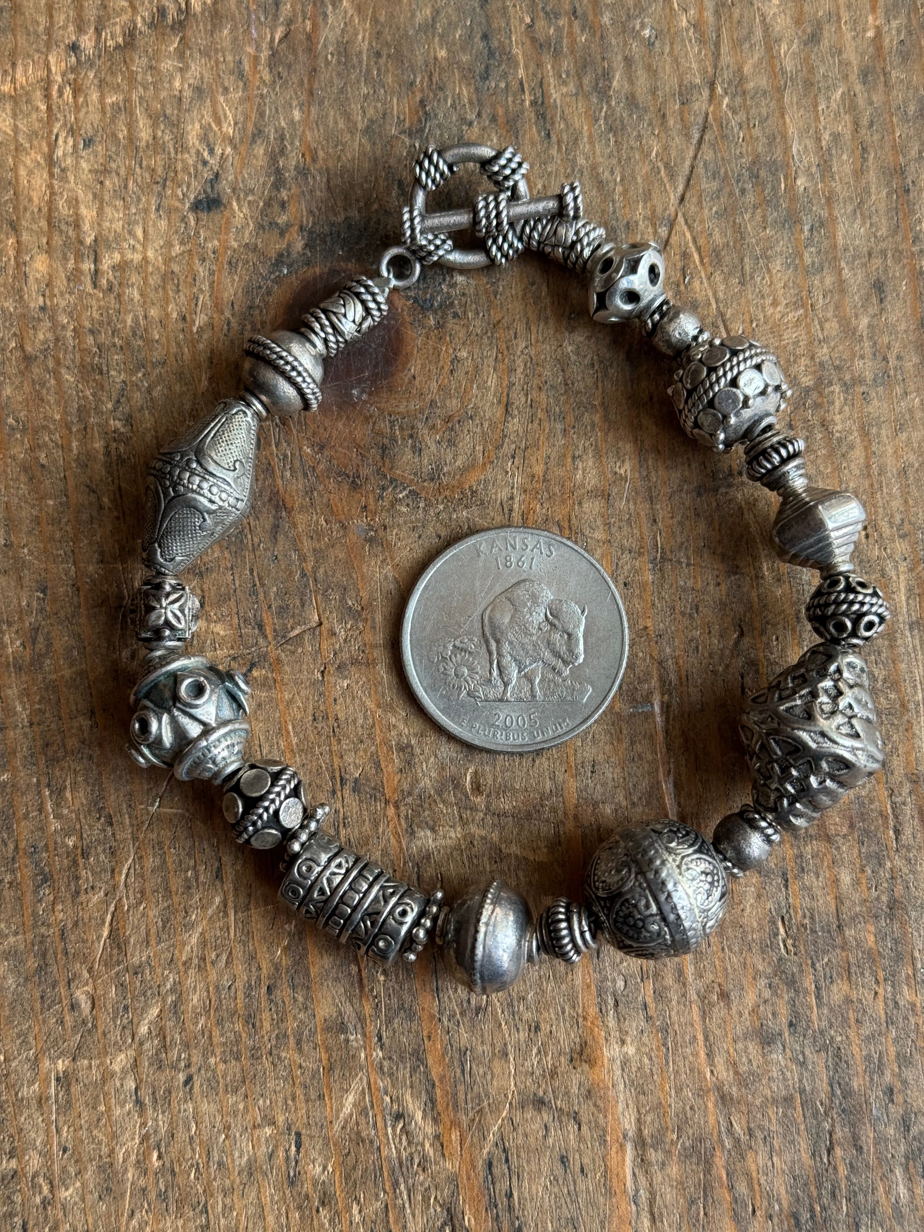 Vintage Sterling Silver 9” Tribal Bead Toggle Bracelet