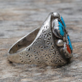 Vintage Sterling Turquoise and Coral Cluster Ring 10.75
