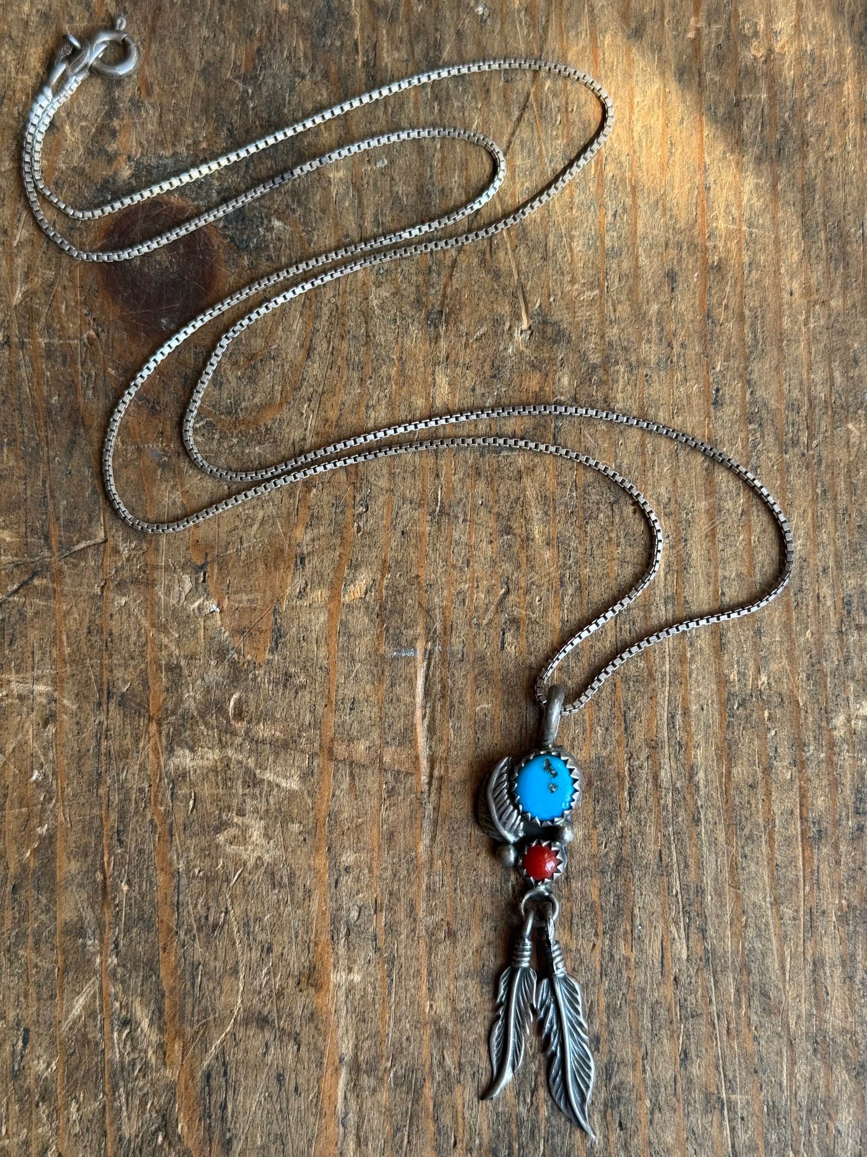 Vintage Sterling Silver Turquoise & Coral Feather 20" Necklace