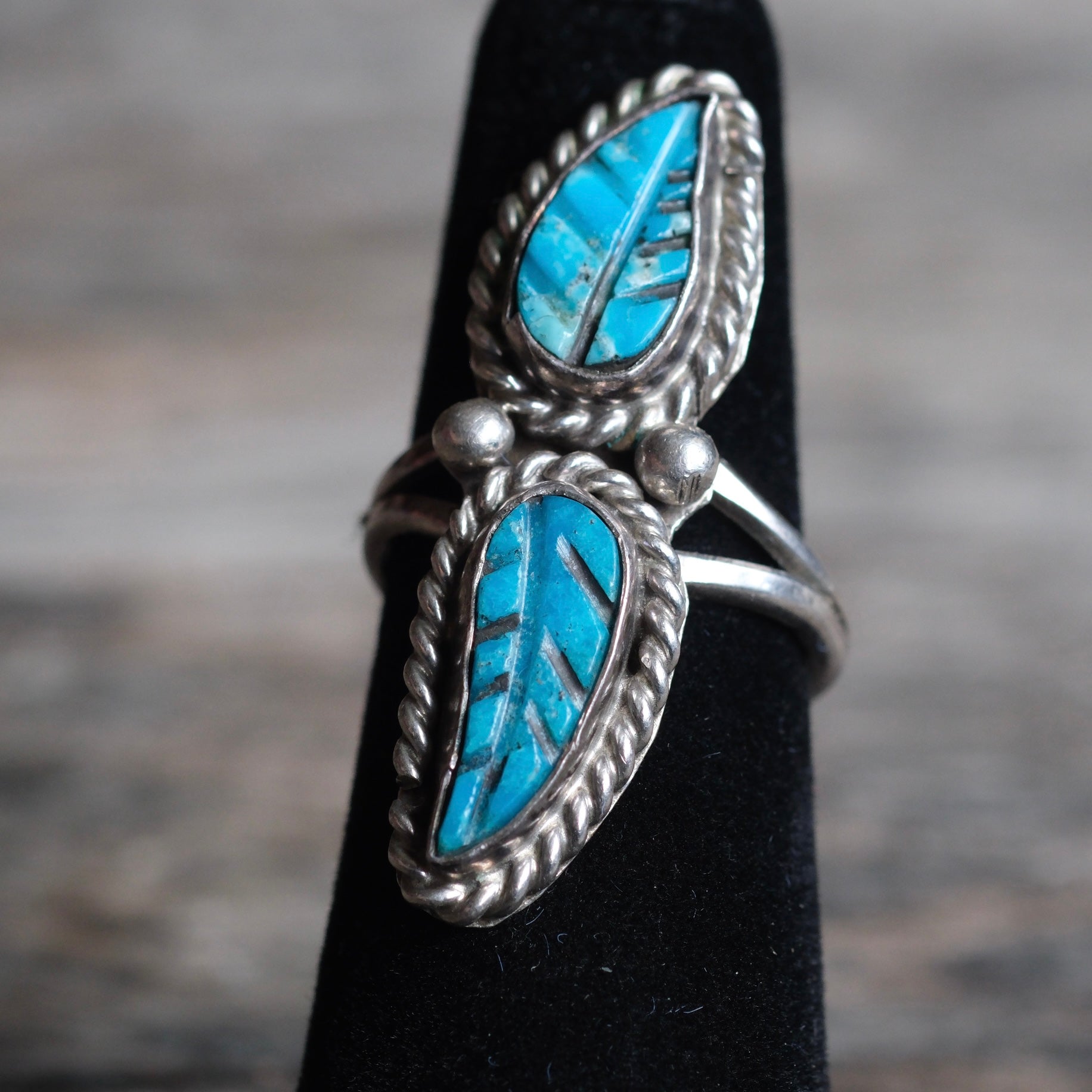 Vintage Sterling Carved 2-Stone Turquoise Ring 5.75
