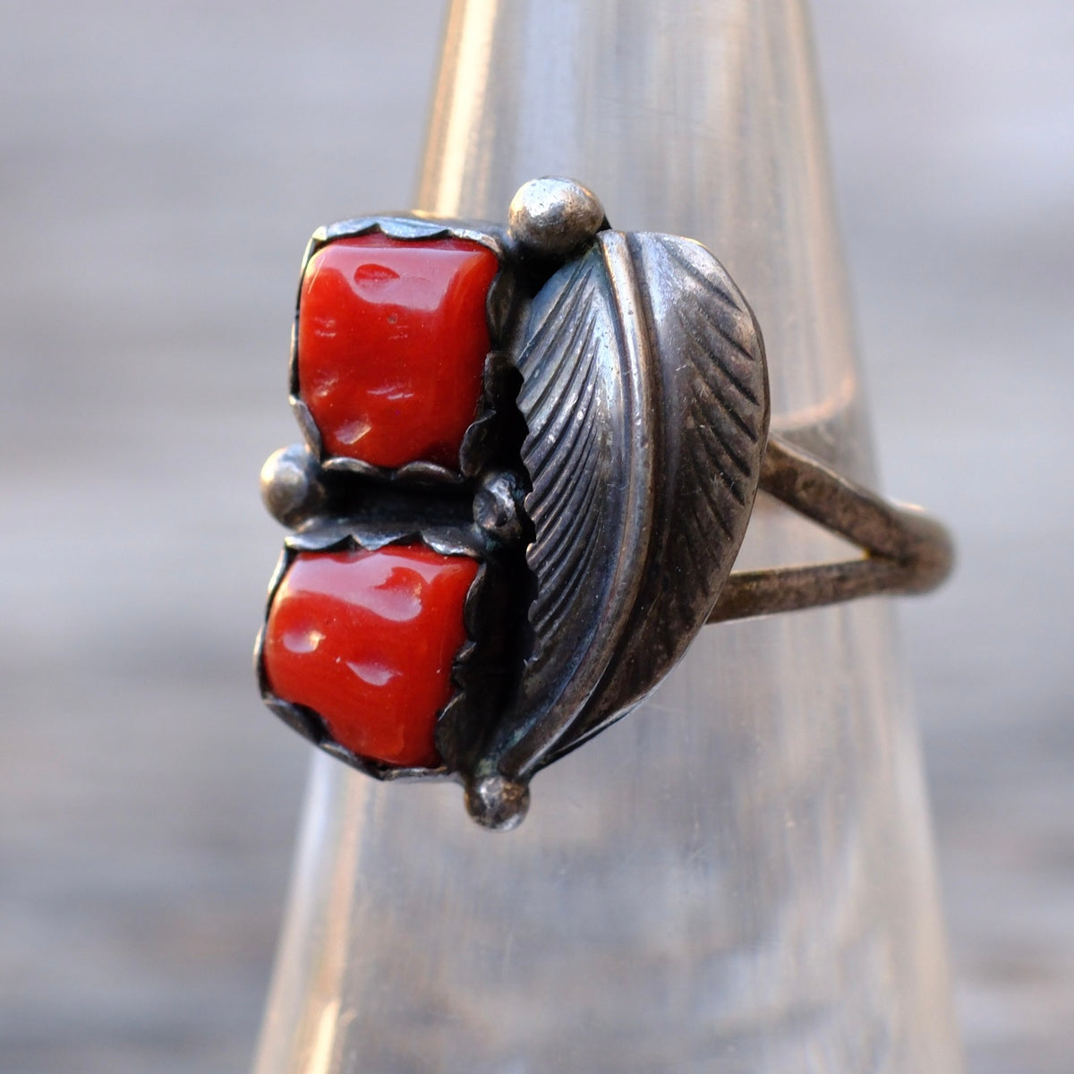 Vintage Sterling 2-Stone Coral Feather Ring 6