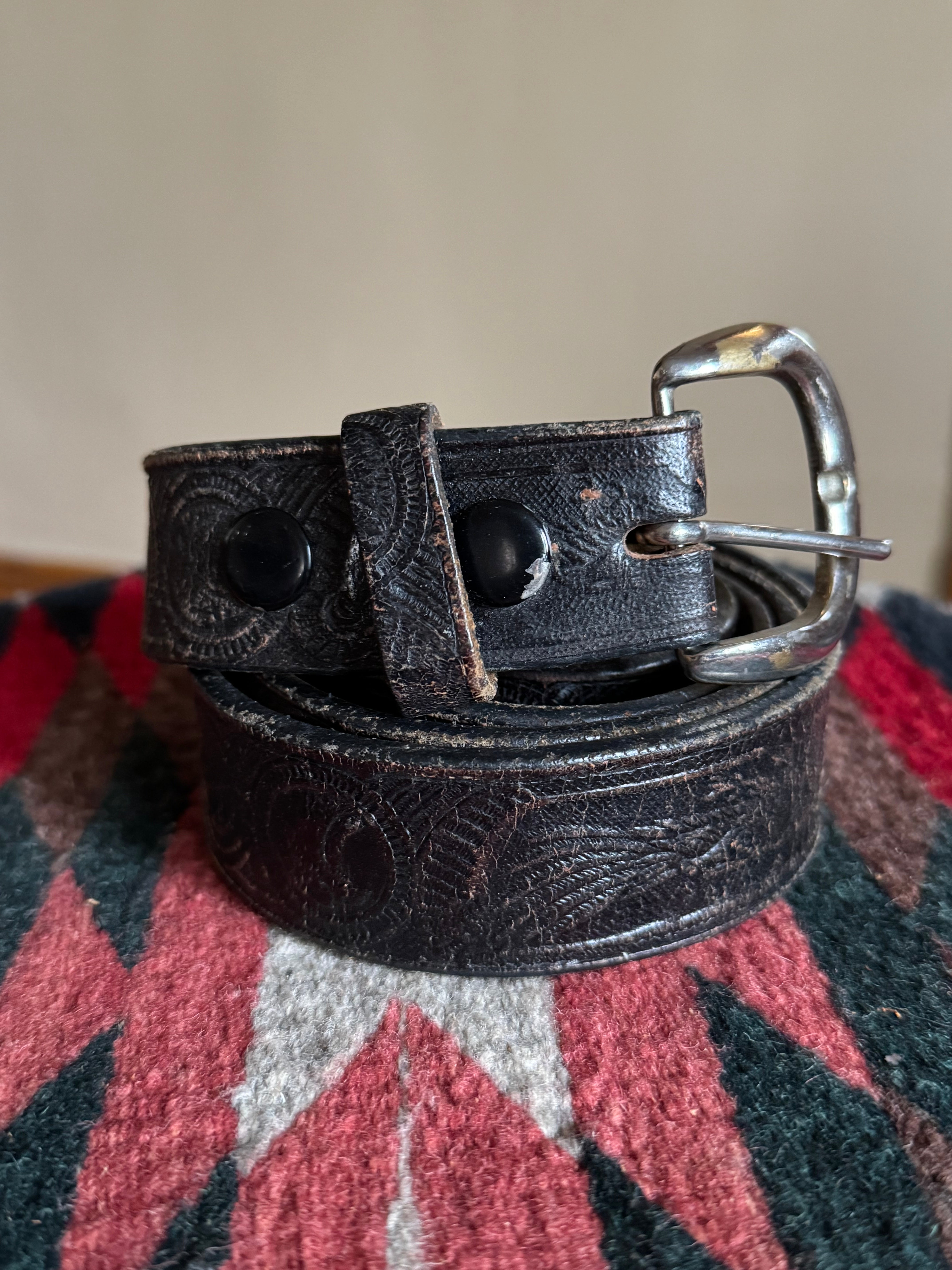 Vintage Hand Tooled Black Leather Eagle Belt