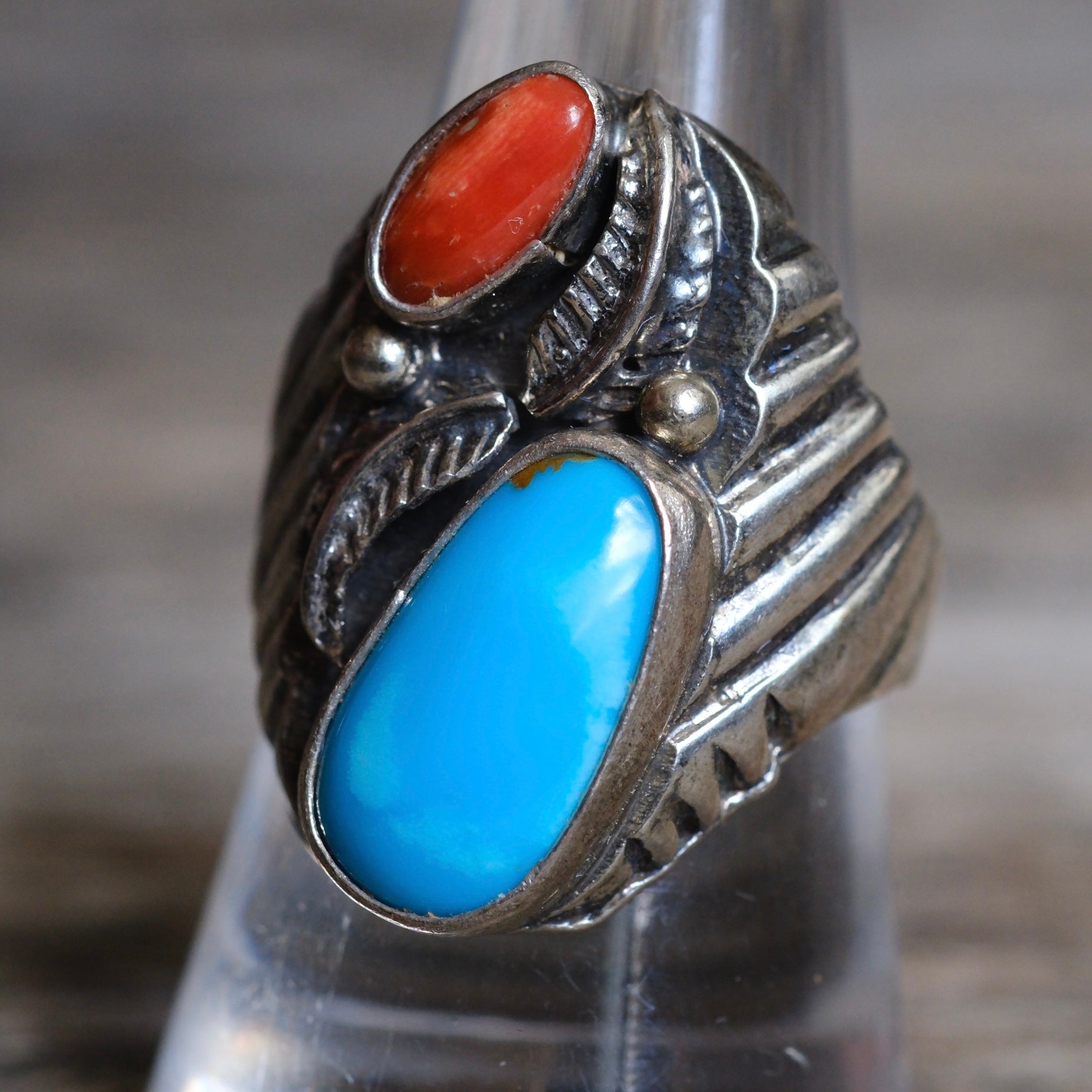 Vintage Sterling Turquoise and Coral Feather Ring 9