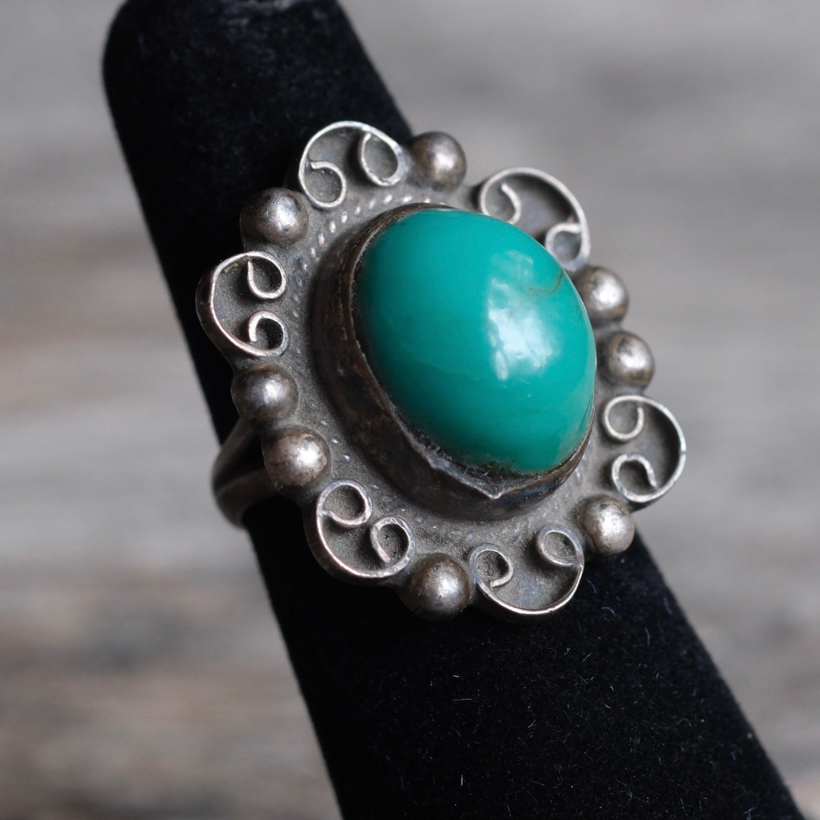 Vintage Sterling Turquoise Florette Ring 5.25
