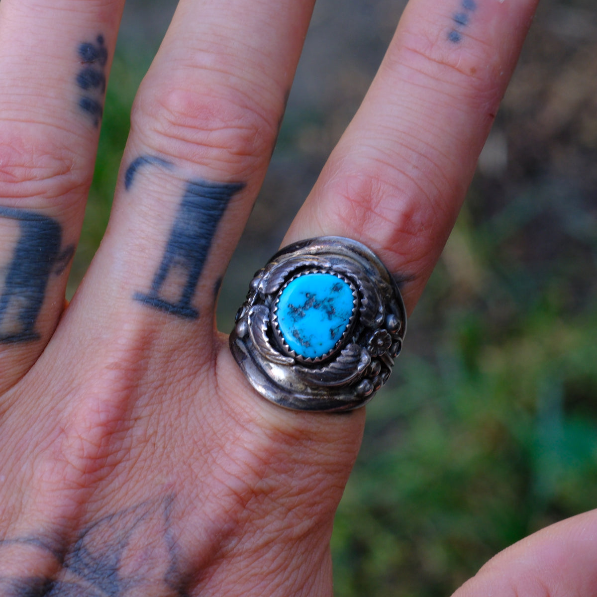 Vintage Sterling Turquoise Feather Ring 10