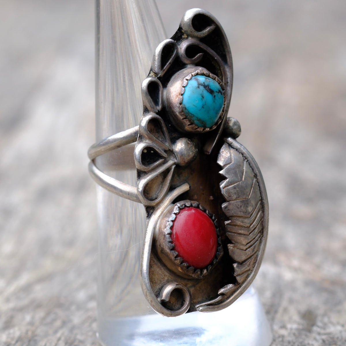Vintage Sterling Turquoise and Coral Feather Ring 6.5