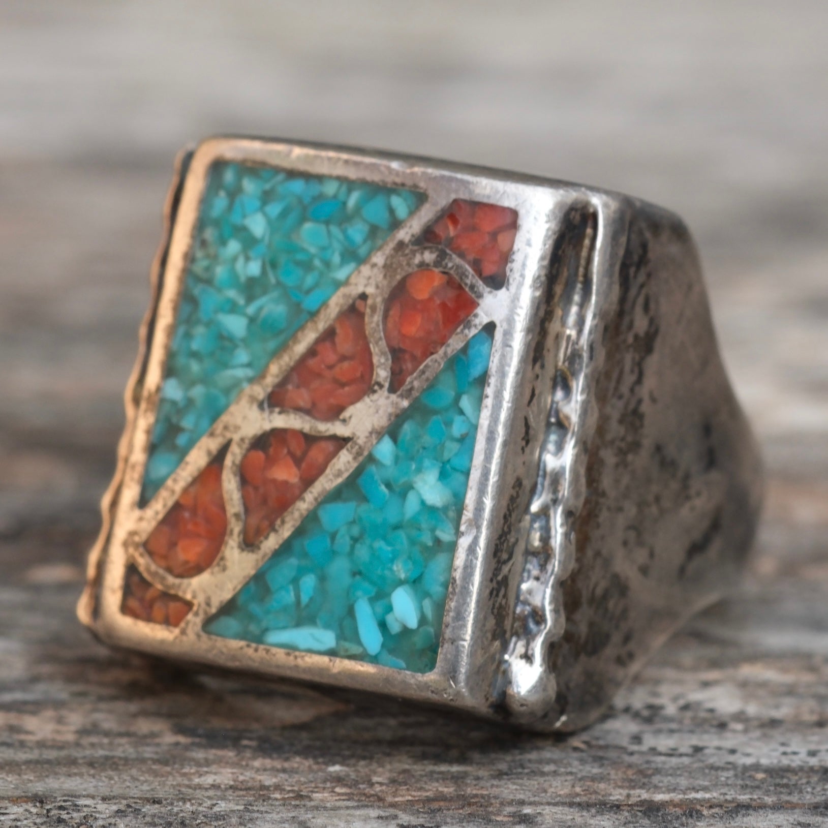 Vintage Sterling Turquoise and Coral Inlay Ring 12