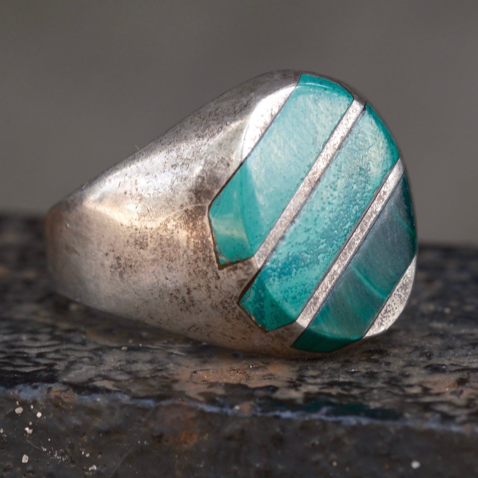 Vintage Sterling Malachite Inlay Striper Ring 10.25