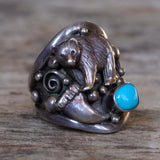 Vintage Sterling Turquoise Bear Ring 6.75
