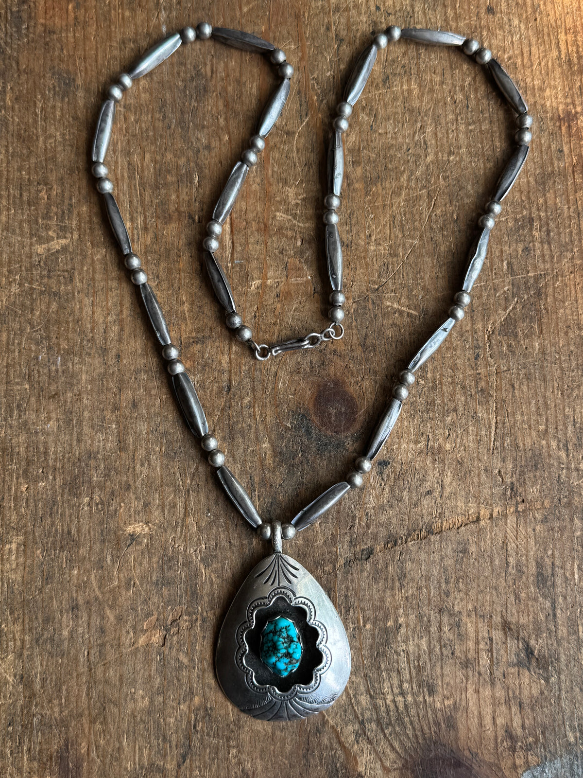 Vintage Sterling Silver Stamped Raw Turquoise Shadowbox Necklace