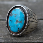 Vintage Sterling Turquoise Ribbed Band Ring 9
