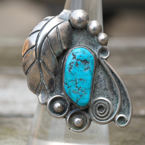 Vintage Sterling Turquoise Feather Ring 6.5