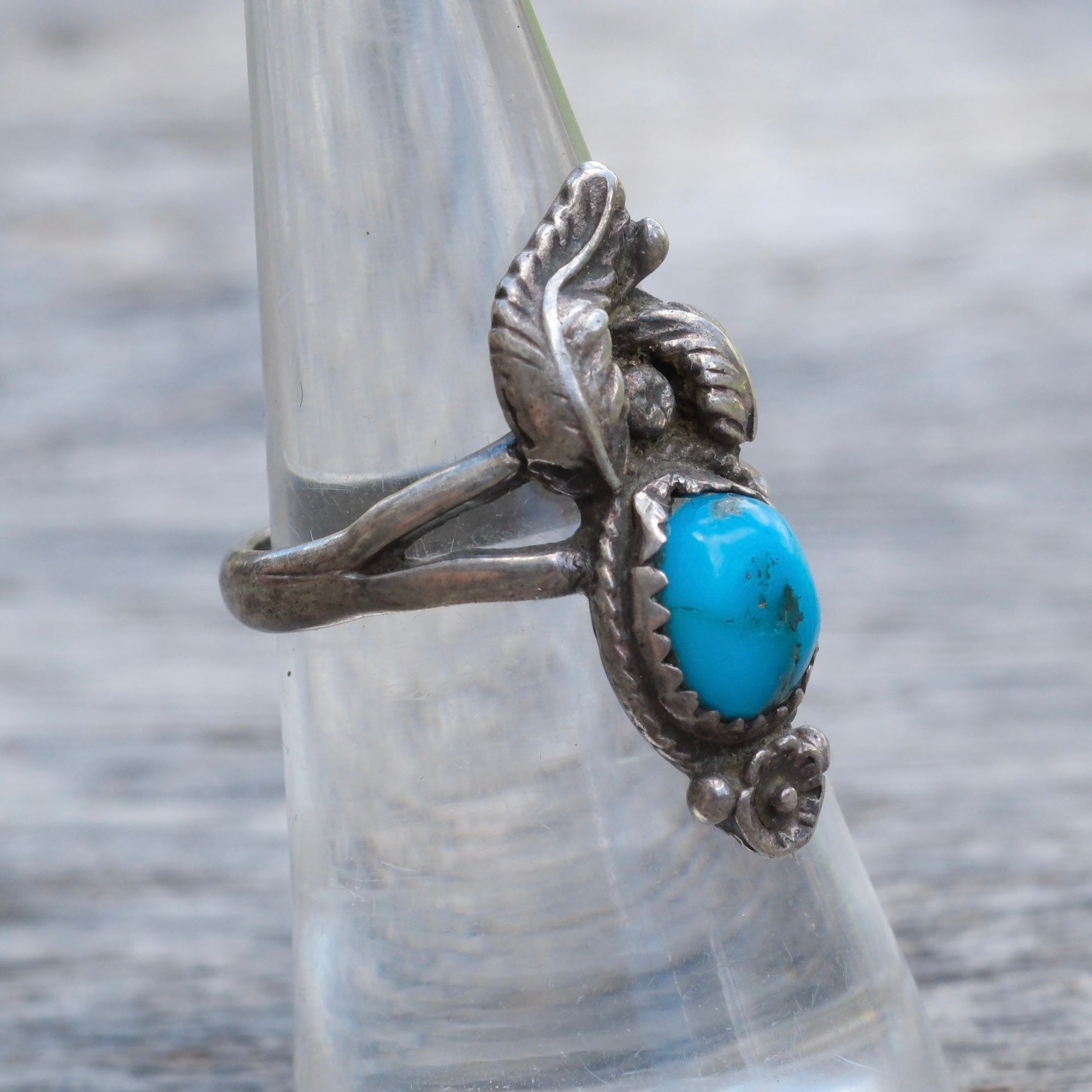 Vintage Sterling Turquoise Feather Ring 6.25