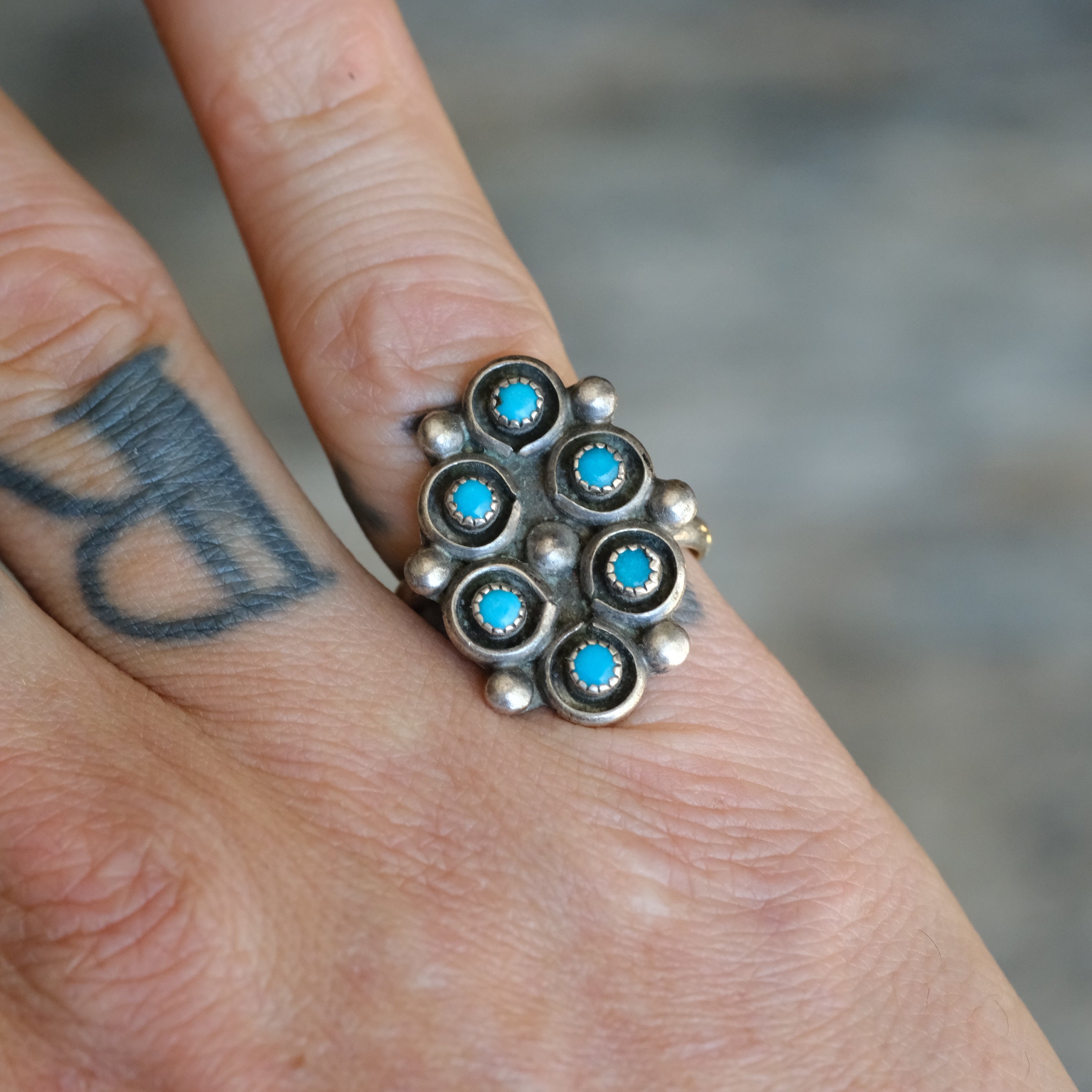 Vintage Sterling Turquoise Cluster Ring 6.75